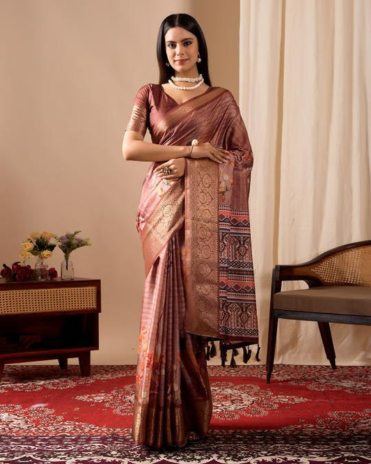 Women's Rose Gold Linen Silk Saree with Traditional Woven Border & Designer Ethnic Pallu