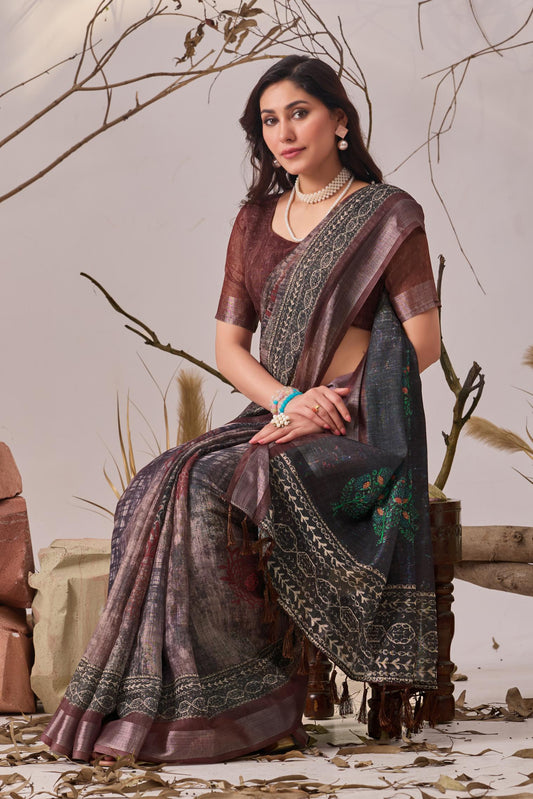 Women's Premium Linen Silk Saree with Woven Border & Tassels