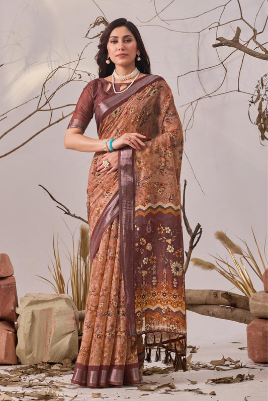Women's Premium Linen Silk Floral Printed Saree with Elegant Woven Border & Tassel Pallu