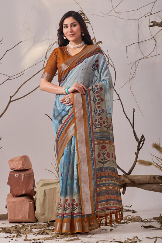 Women's Premium Linen Silk Printed Saree with Traditional Floral Border & Tassel Pallu