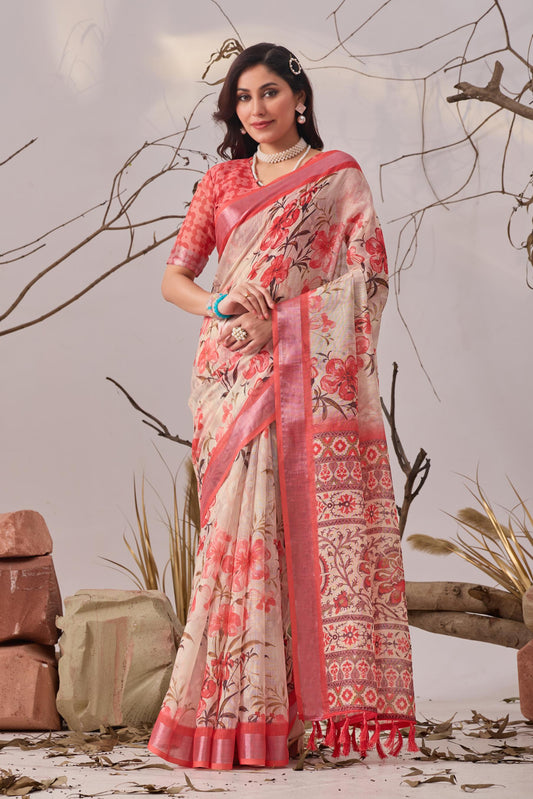 Women's Premium Linen Silk Floral Printed Saree with Pink Woven Border & Tassel Pallu