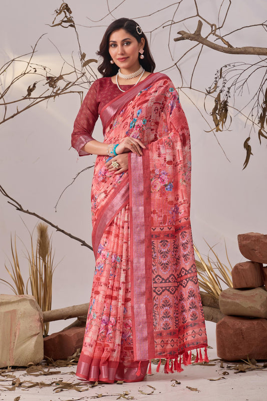 Women's Premium Linen Silk Floral Printed Saree with Pink Woven Border & Tassel Pallu