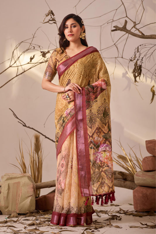 Women's Premium Linen Silk Floral Printed Saree with Maroon Woven Border & Tassel Pallu