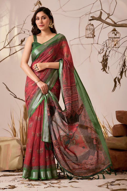 Women's Premium Linen Silk Traditional Printed Saree with Green Woven Border & Designer Tassel Pallu