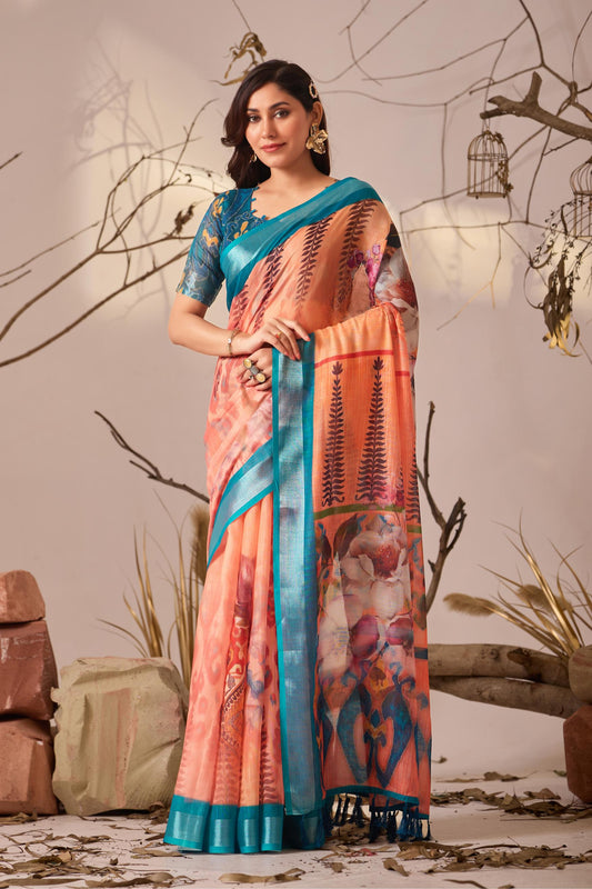 Women's Premium Linen Silk Floral Printed Saree with Teal Blue Woven Border & Designer Tassel Pallu