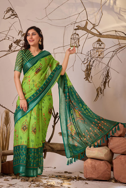 Women's Premium Linen Silk Ikat Printed Saree with Emerald Green Woven Border & Designer Tassel Pallu