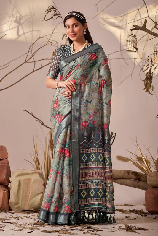 Women's Premium Linen Silk Floral Printed Saree with Charcoal Grey Woven Border & Designer Tassel Pallu