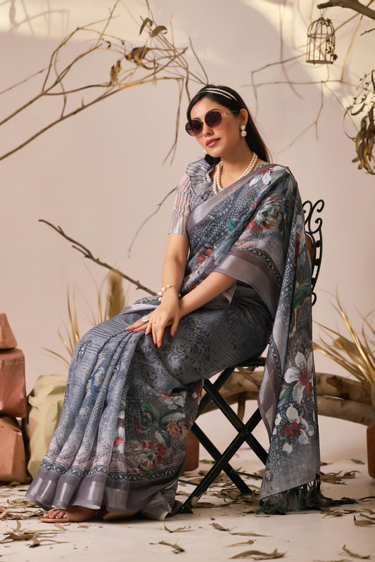 Women's Premium Linen Silk Grey Floral Printed Saree with Woven Border & Designer Pallu