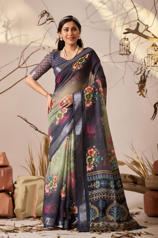 Women's Premium Linen Silk Floral Printed Saree with Navy Blue Woven Border & Designer Pallu | Multicolor Party Wear Saree