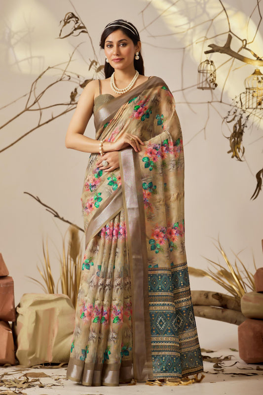 Women's Premium Linen Silk Beige Floral Printed Saree with Blue Ethnic Designer Pallu & Zari Border