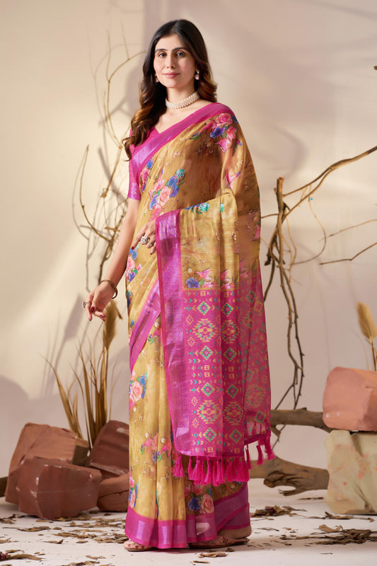 Women's Premium Linen Silk Mustard Floral Printed Saree with Pink Designer Pallu & Zari Border