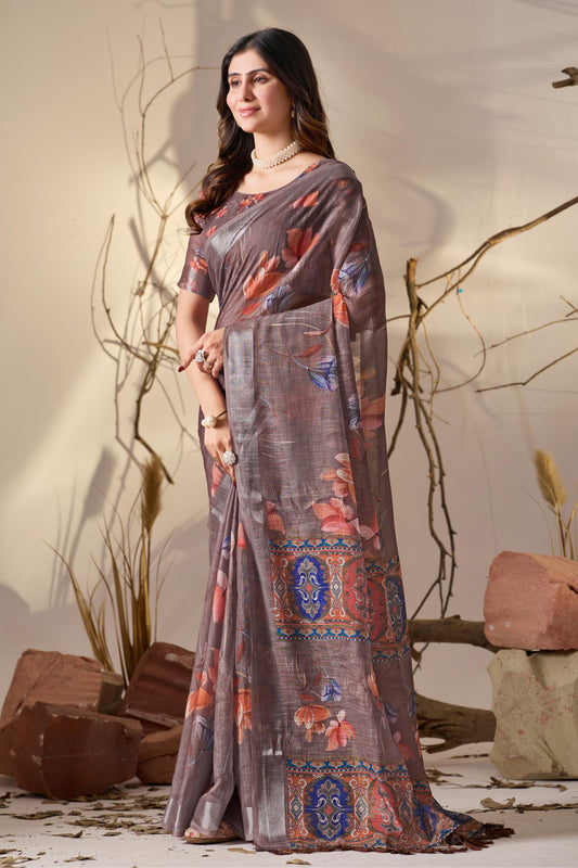 Women's Premium Linen Silk Grey Floral Printed Saree with Designer Woven Pallu & Silver Zari Border