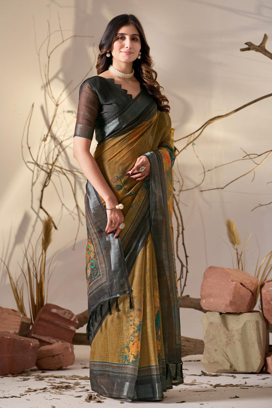 Women's Premium Linen Silk Mustard Printed Saree with Black Designer Pallu & Zari Border