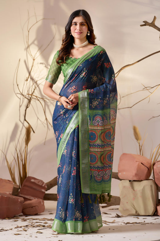 Women's Premium Linen Silk Navy Blue Floral Printed Saree with Green Designer Pallu & Zari Border
