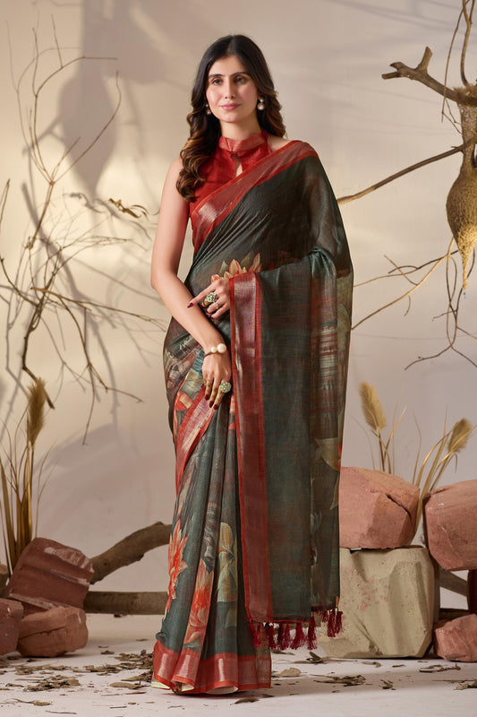 Women's Premium Linen Silk Charcoal Grey Floral Printed Saree with Rust Red Designer Pallu & Zari Border