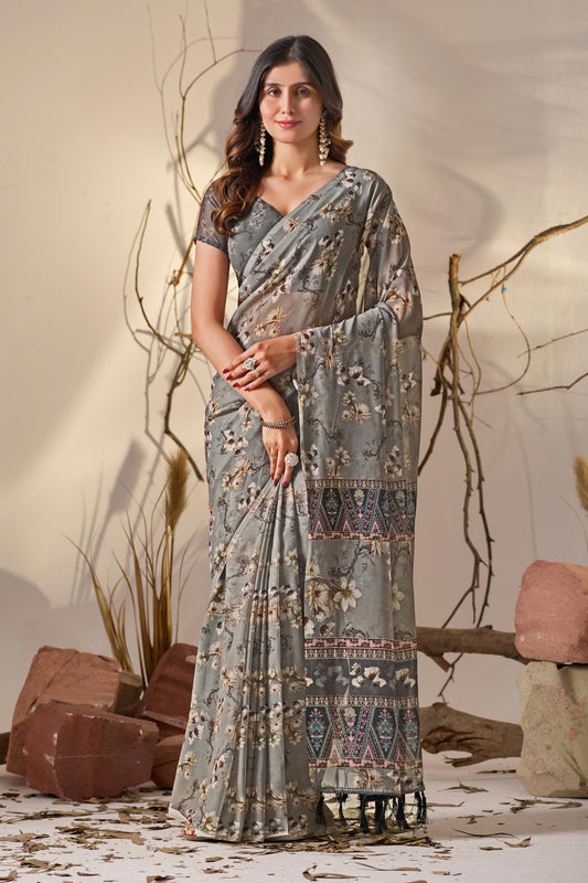 Women's Premium Linen Silk Grey Floral Printed Saree with Designer Border & Elegant Pallu