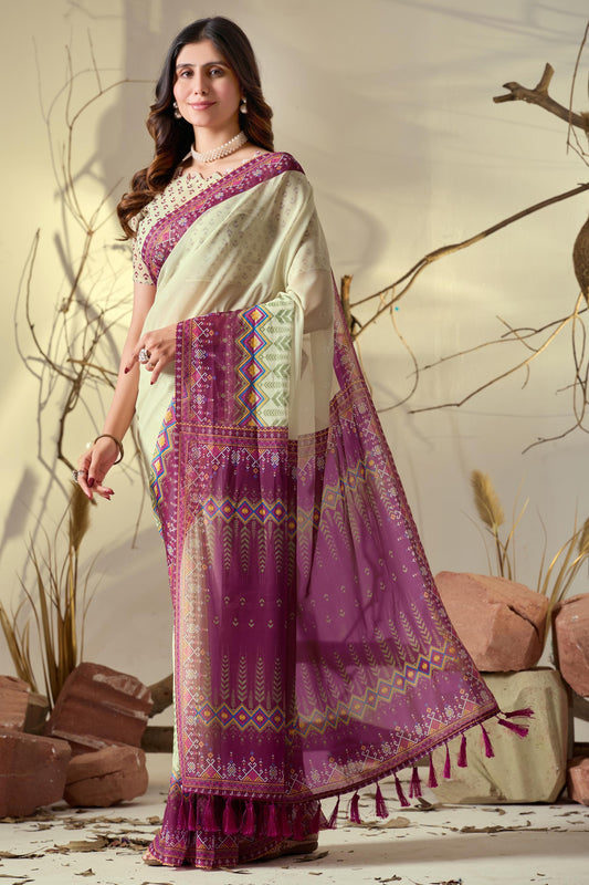 Women's Off White Linen Silk Saree with Magenta Ethnic Border & Designer Woven Pallu