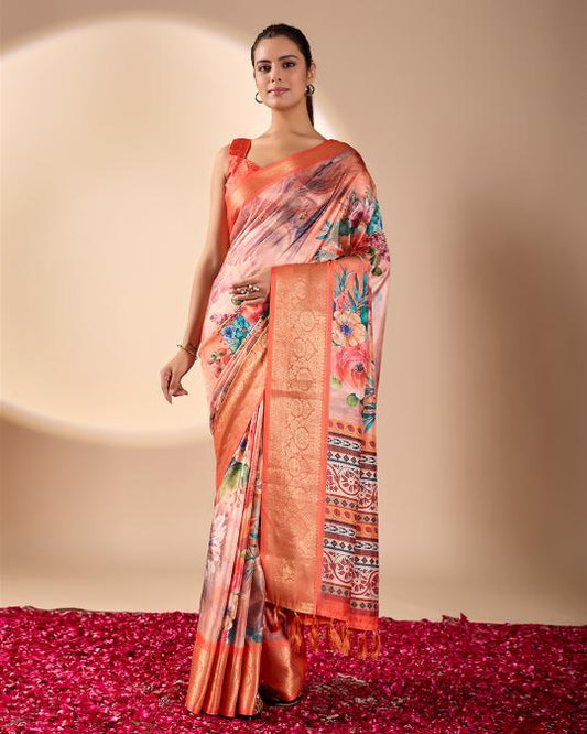 Women's Peach Pink Linen Silk Floral Printed Saree with Copper Zari Border & Designer Ethnic Pallu