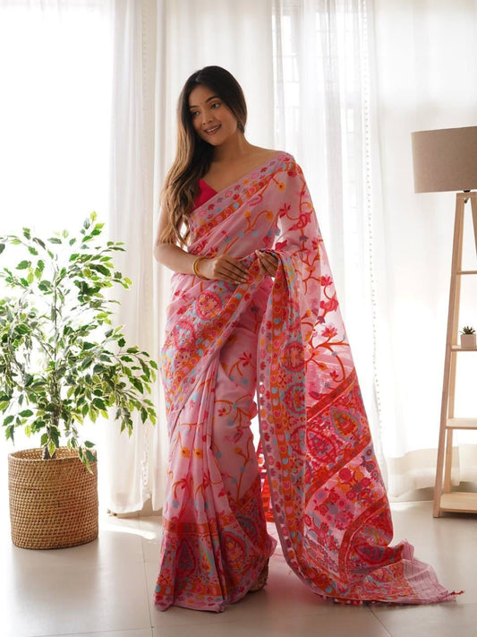 Majesty Pink Pashmina saree With Fancifull Blouse Piece