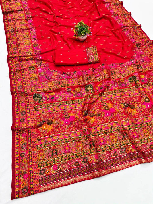 Improbable Red Nylon Dola Pashmina Saree With Sonorous Blouse Piece