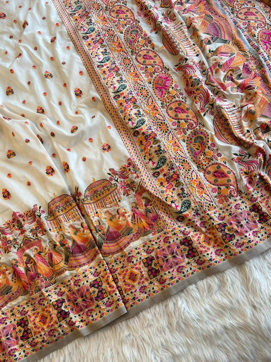 Quintessential Beige Nylon Dola Pashmina Saree With Smashing Blouse Piece