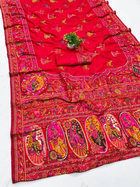 Gratifying Red Nylon Dola Pashmina Saree With Dalliance Blouse Piece