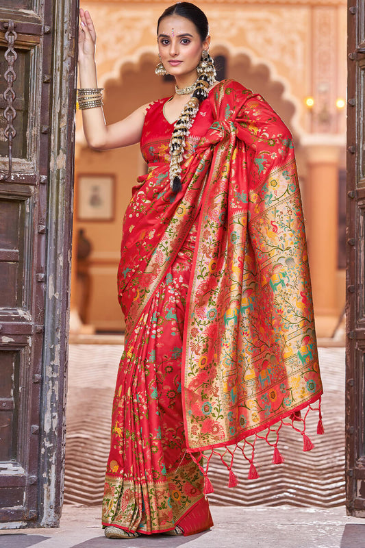 Innovative Red Paithani Silk Saree With Bucolic Blouse Piece