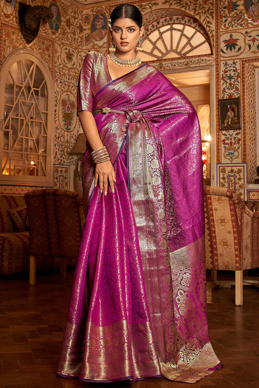 Innovative Purple Kanjivaram Silk Saree With Flattering Blouse Piece