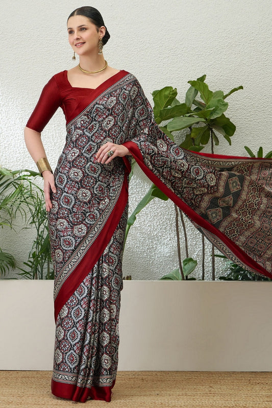 Sophisticated Grey Ajrakh Printed Semi Modal Silk Saree With Flaunt Blouse Piece