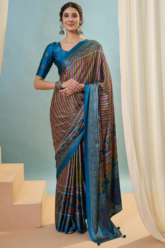 Fragrant Green Ajrakh Printed Semi Modal Silk Saree With Charismatic Blouse Piece