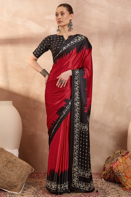 Improbable Red Ajrakh Printed Semi Modal Silk Saree With Demure Blouse Piece