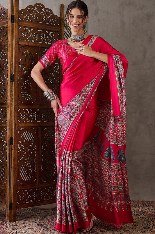 Magnetic Dark Pink Ajrakh Printed Semi Modal Silk Saree With Classy Blouse Piece