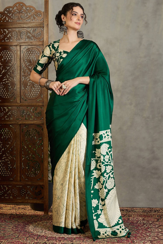 Sempiternal Dark Green Digital Printed Satin Silk Saree With Inimitable Blouse Piece