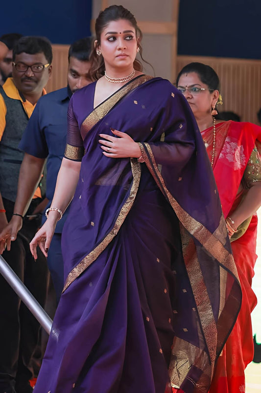 Bollywood Style Purple Cotton Silk Saree With Majestic Blouse Piece