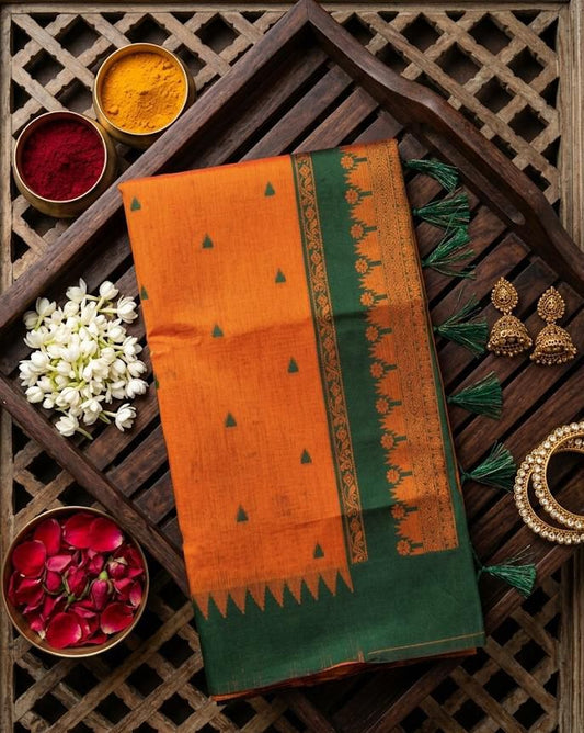 Murmurous Orange Cotton Silk Saree With Dalliance Blouse Piece