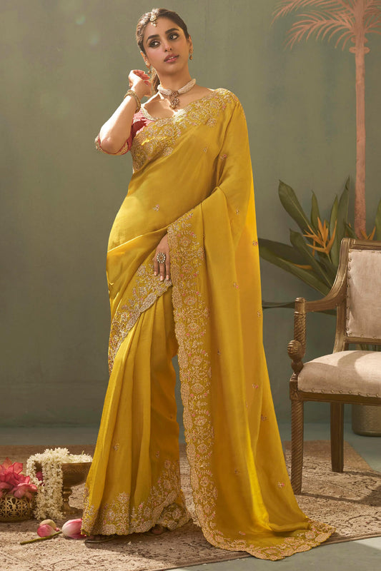 Sumptuous Yellow Fancy Silk Embroidery Work Saree With Embroidery Work Blouse Piece