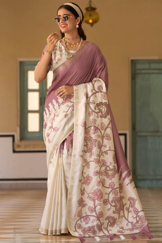 Eloquence Lavender Printed Embroidery Work Tussar Silk Saree With Mesmerising Blouse Piece