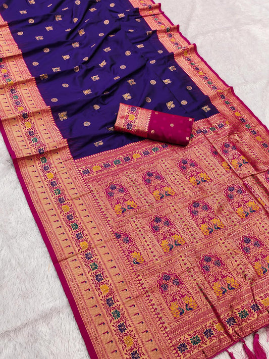 Groovy Navy Blue Paithani Silk Saree With Winsome Blouse Piece