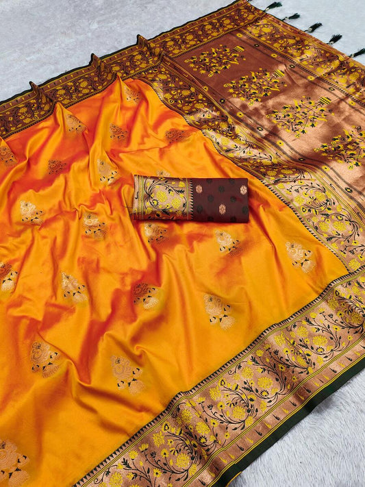 Transcendent Yellow Paithani Silk Saree With Charming Blouse Piece