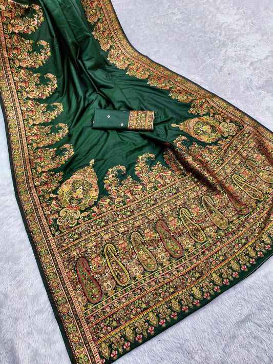 Nectarous Dark Green Pashmina Saree With Ratatouille Blouse Piece