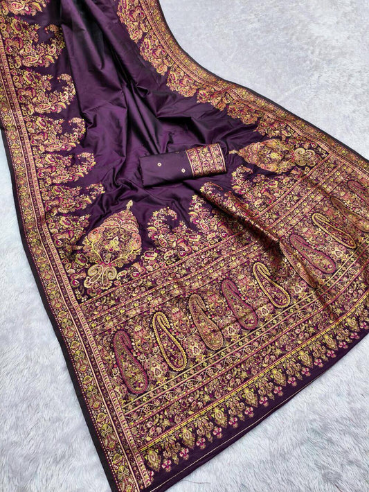 Flamboyant Wine Pashmina Saree With Forbearance Blouse Piece