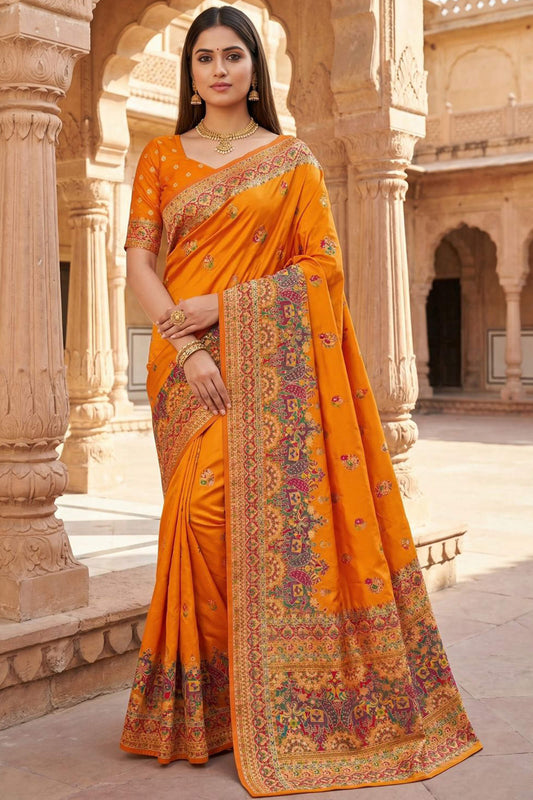 Preferable Orange Pashmina Silk Saree With Dalliance Blouse Piece