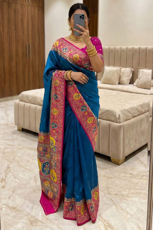 Efflorescence Rama Pashmina Silk Saree With Angelic Blouse Piece