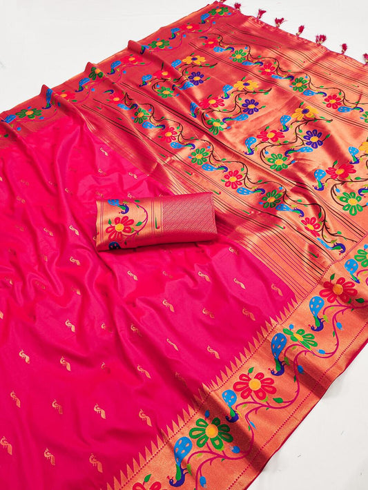 Desiring Dark Pink Paithani Silk Saree With Arresting Blouse Piece