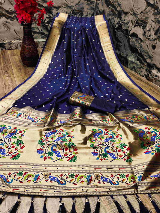 Deserving Navy Blue Paithani Silk Saree With Ethnic Blouse Piece