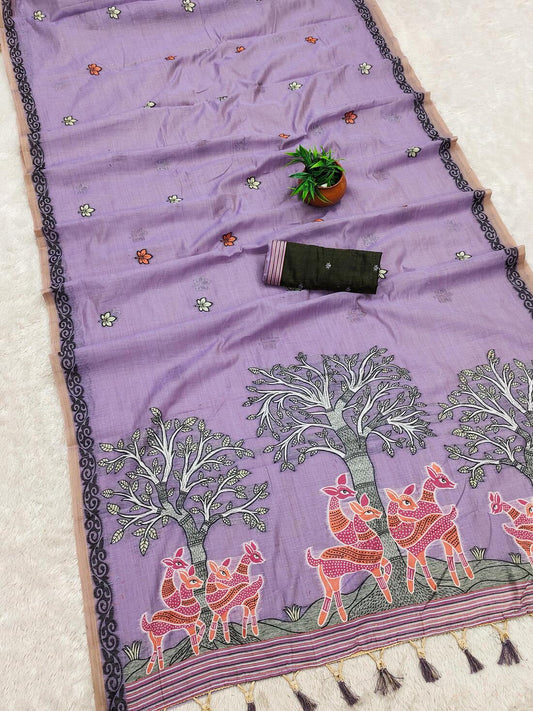 Redolent Lavender Pure Munga Cotton Silk Saree With Excellent Blouse Piece