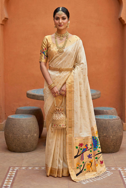 Alluring Beige Paithani Silk Saree With Excellent Blouse Piece