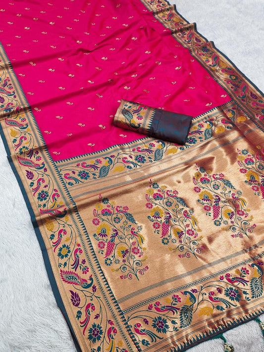Flameboyant Dark Pink Paithani Silk Saree With Classy Blouse Piece