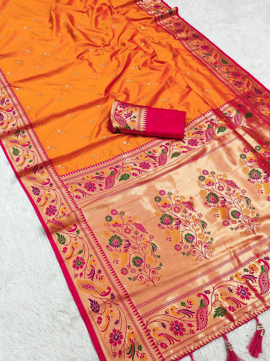 Sonorous Orange Paithani Silk Saree With Demure Blouse Piece