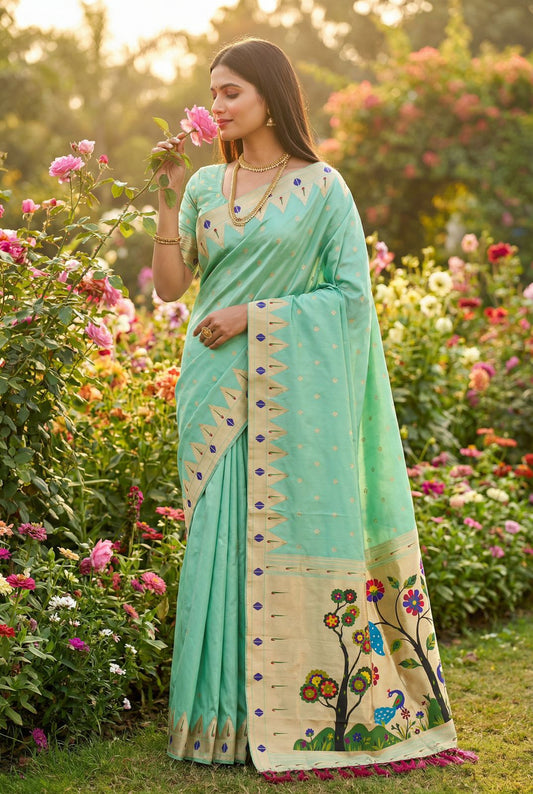 Desiring Sea Green Paithani Silk Saree With Pleasurable Blouse Piece